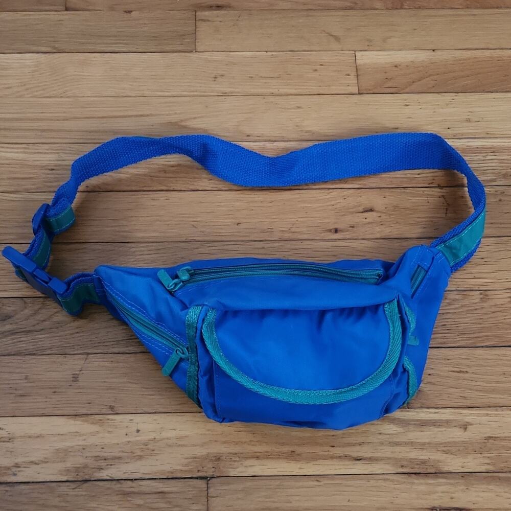 DELSEY Blue/Green Nylon Zip Waist Pack 5 Pockets Unisex Hiking Fanny Bag 90s vtg